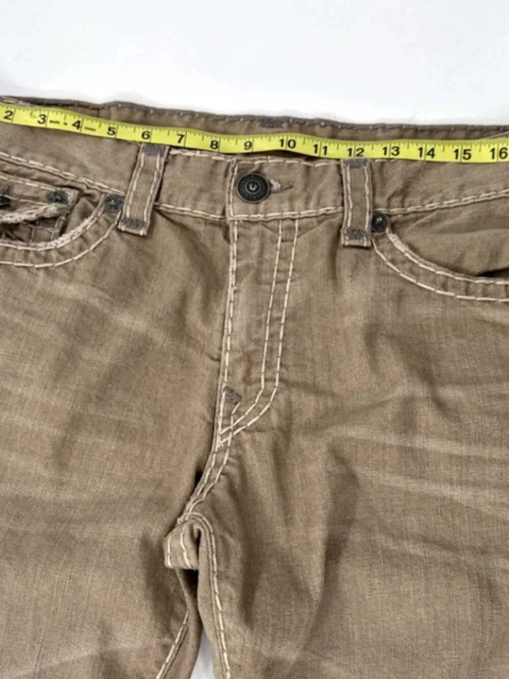 True Religion Tan Jeans Mens 38x34 Ricky Relaxed Denim Thick Stitch SuperT Flap